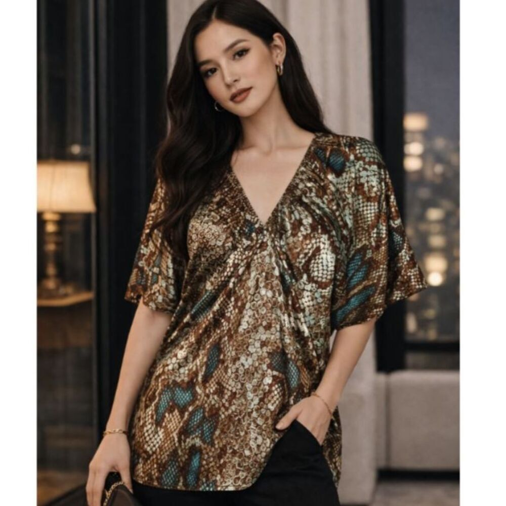 Womens Snake Print V Neck Blouse Size Medium Short Sleeve Shimmery Top